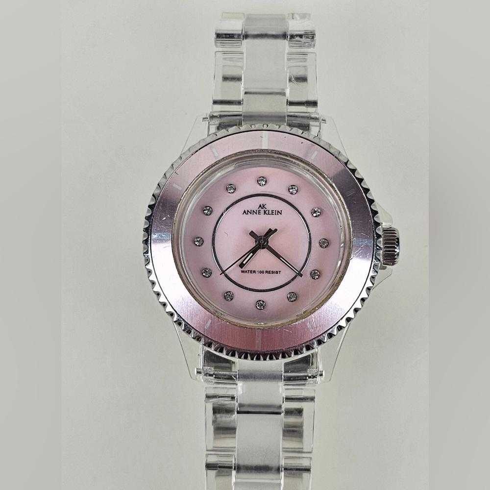 Anne Klein Clear Resin Link Watch Mother of Pearl Dial Crystal Markers